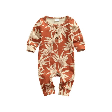 

Musuos Baby’s Casual Long Sleeve Jumpsuit Fashion Flower Leaves Print Button Round Neck Long Romper