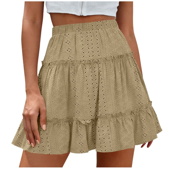 BRGZLK Flowy Mini Skirt for Women Casual Solid Color Boho Ruffle Tiered Skorts High Waist Casual Concert Skorts Lightweight Breathable Spring Summer Short A Line Skirts Khaki L