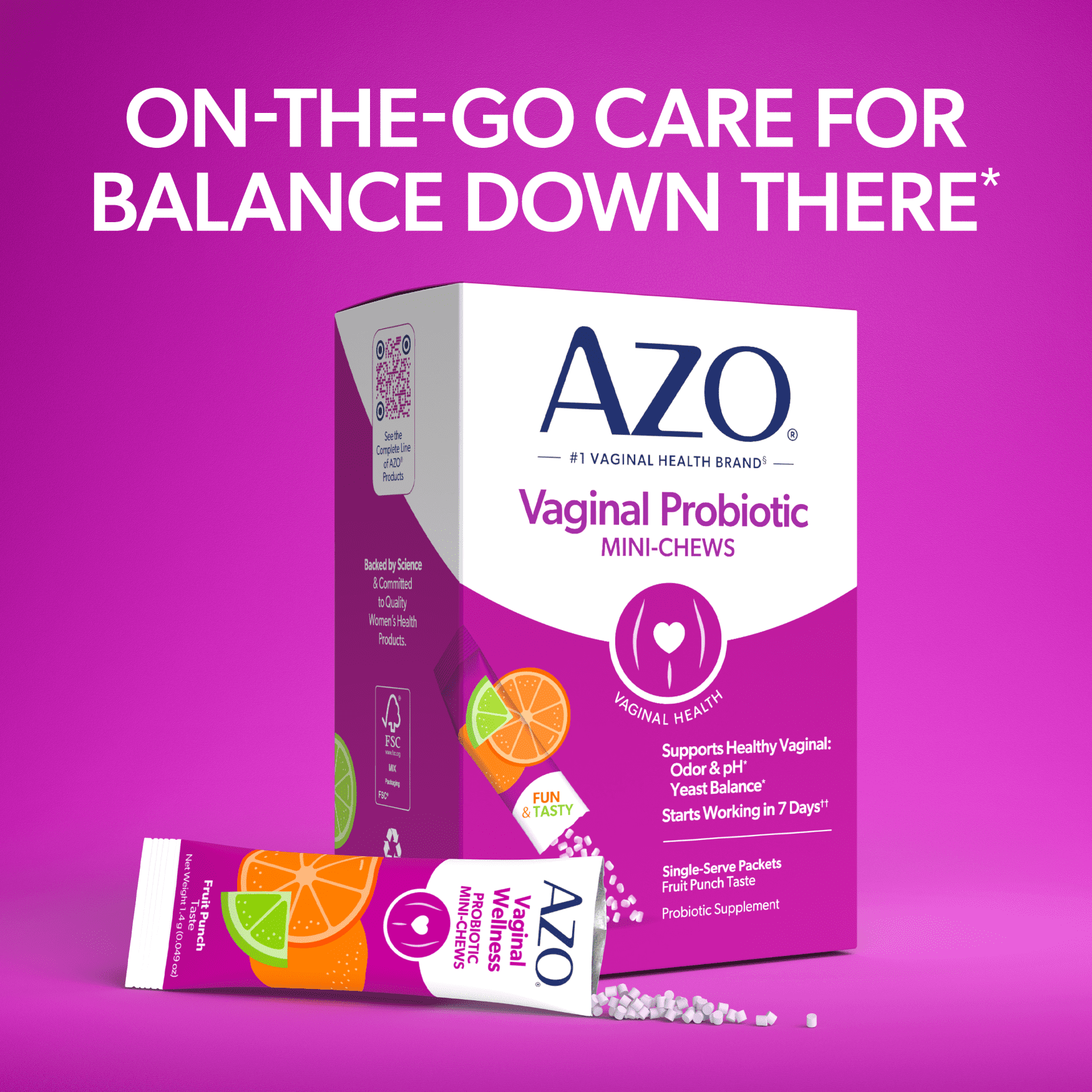 AZO Vaginal Health Probiotic Mini-Chews Daily Supplement, Supports Vaginal Health & Flora, Fruit Punch Flavor, 14 Packets