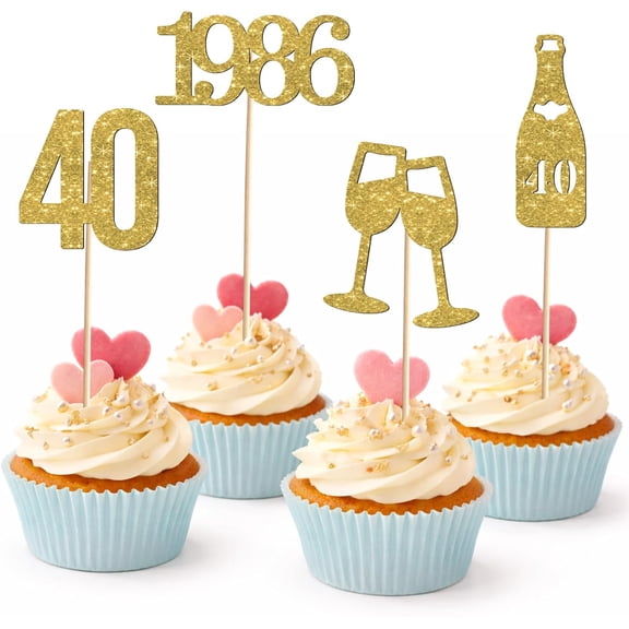 Gold Glitter 40th Birthday Anniversary Cupcake Toppers, 12 Pack 1986 Cheers to 40 Years Picks with Wine Glass & Bottle, 40th Birthday Party Cake Decor Supplies