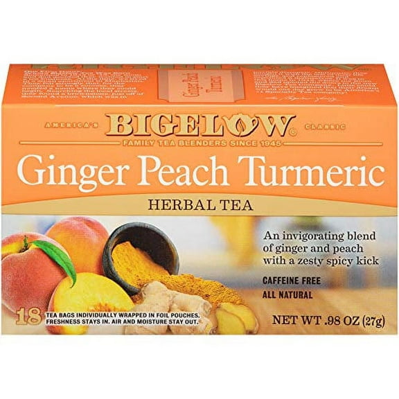 Bigelow Tea Ginger Peach Turmeric Herbal Tea Bags, 18 Count Box (Pack of 6) Caffeine-Free Herbal Tea, 108 Tea Bags Total