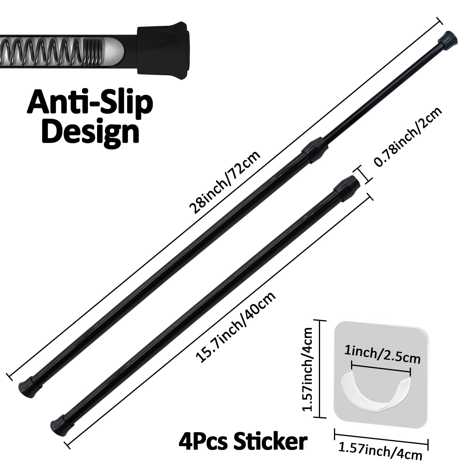 2pcs Spring Tension Curtain Rods, STONCEL Cupboard Bars Extendable 15.7-28 inch with 4 Rod Holders, Adjustable Small Curtain Rod for Bathroom Wardrobe Bookshelf DIY Projects Black