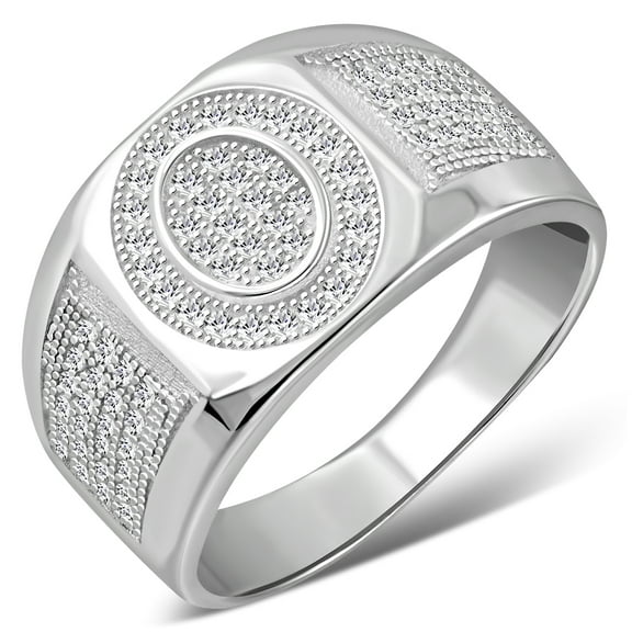 Men's 925 Sterling Silver Round Signet Ring Cubic Zirconia Size 9