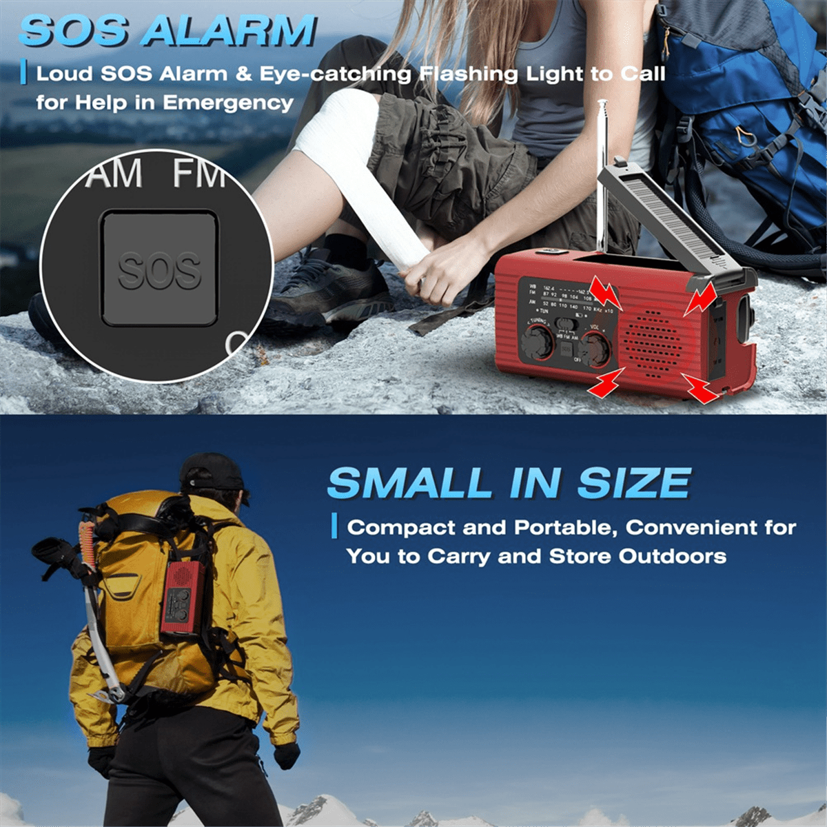 Emergency Weather Radio, 2000MAh Weather Alert Radio Solar Charging, Hand Crank & USB , AM/FM Radio Gray