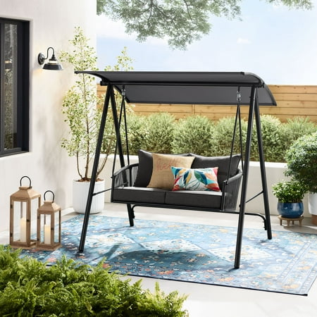 Mainstays Lawson Ridge 2-Seat Steel Outdoor Freestanding Porch Swing with Canopy and Cushions, Black
