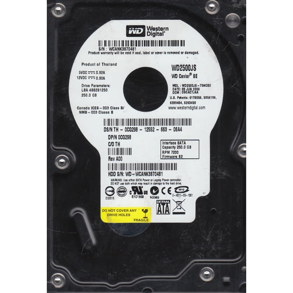 WD2500JS-75NCB2, DCM DSCACTJAA, Western Digital 250GB SATA 3.5 Hard Drive