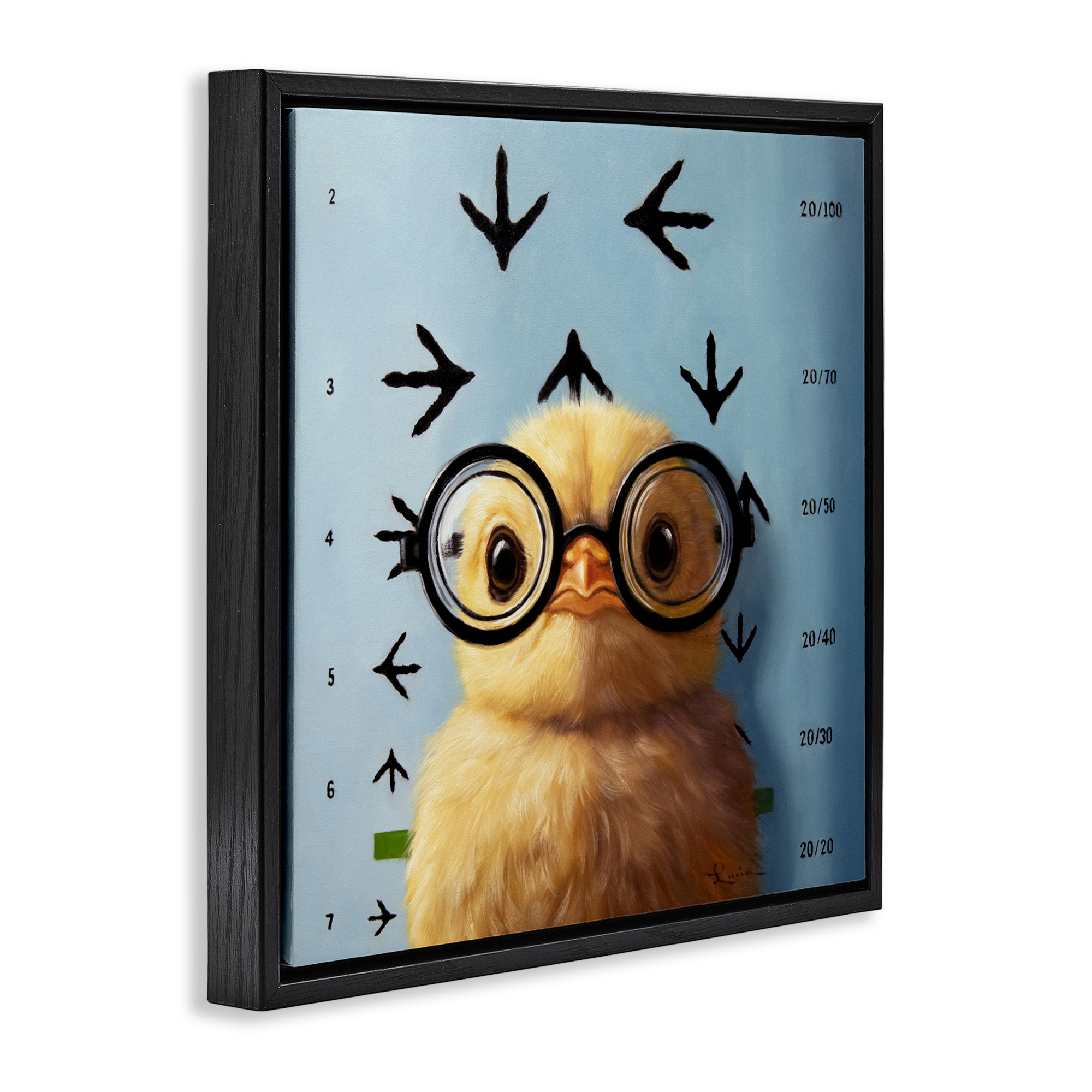 Four Eyes Chick Vision Black Framed Floater Canvas Wall Art, design by Lucia Heffernan