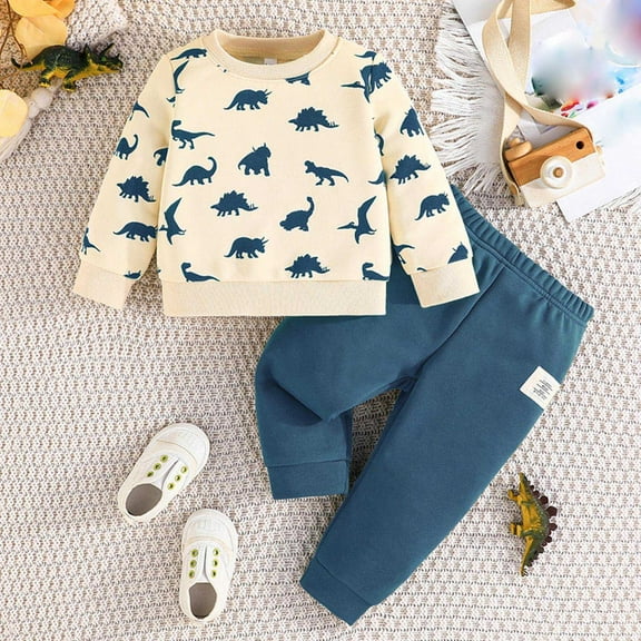 Eltusu Baby Boys Cotton Outfit Sets, 2 Pieces Pullover Long Sleeve Tops and Pants Set Blue Size 9-12 Months