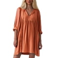 thumbnail image 1 of Vestido mini informal con lazo delantero y manga 3/4 para mujer - Tejido de rayón, bajo con volantes plisados, cintura elástica, tallas S-XL, 1 of 5