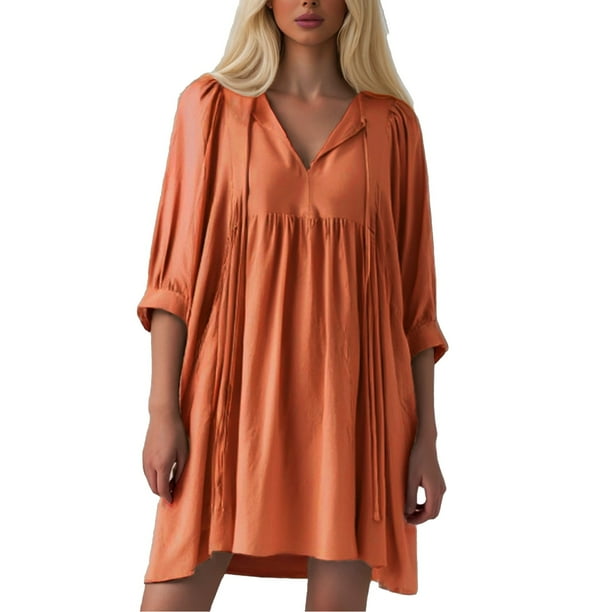 Vestido mini informal con lazo delantero y manga 3/4 para mujer - Tejido de rayón, bajo con volantes plisados, cintura elástica, tallas S-XL