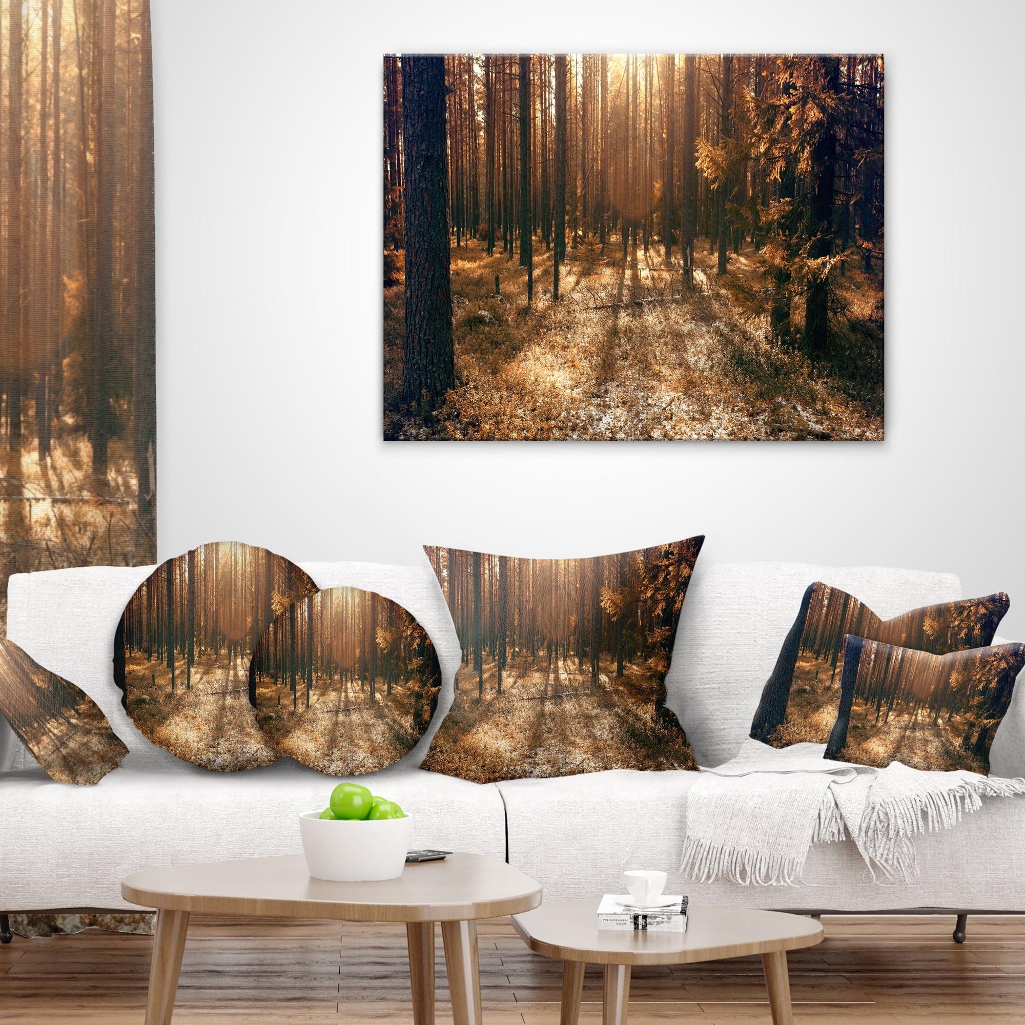 Designart Dark First Snow Forest Photo - Modern Forest Throw Pillow - 16x16
