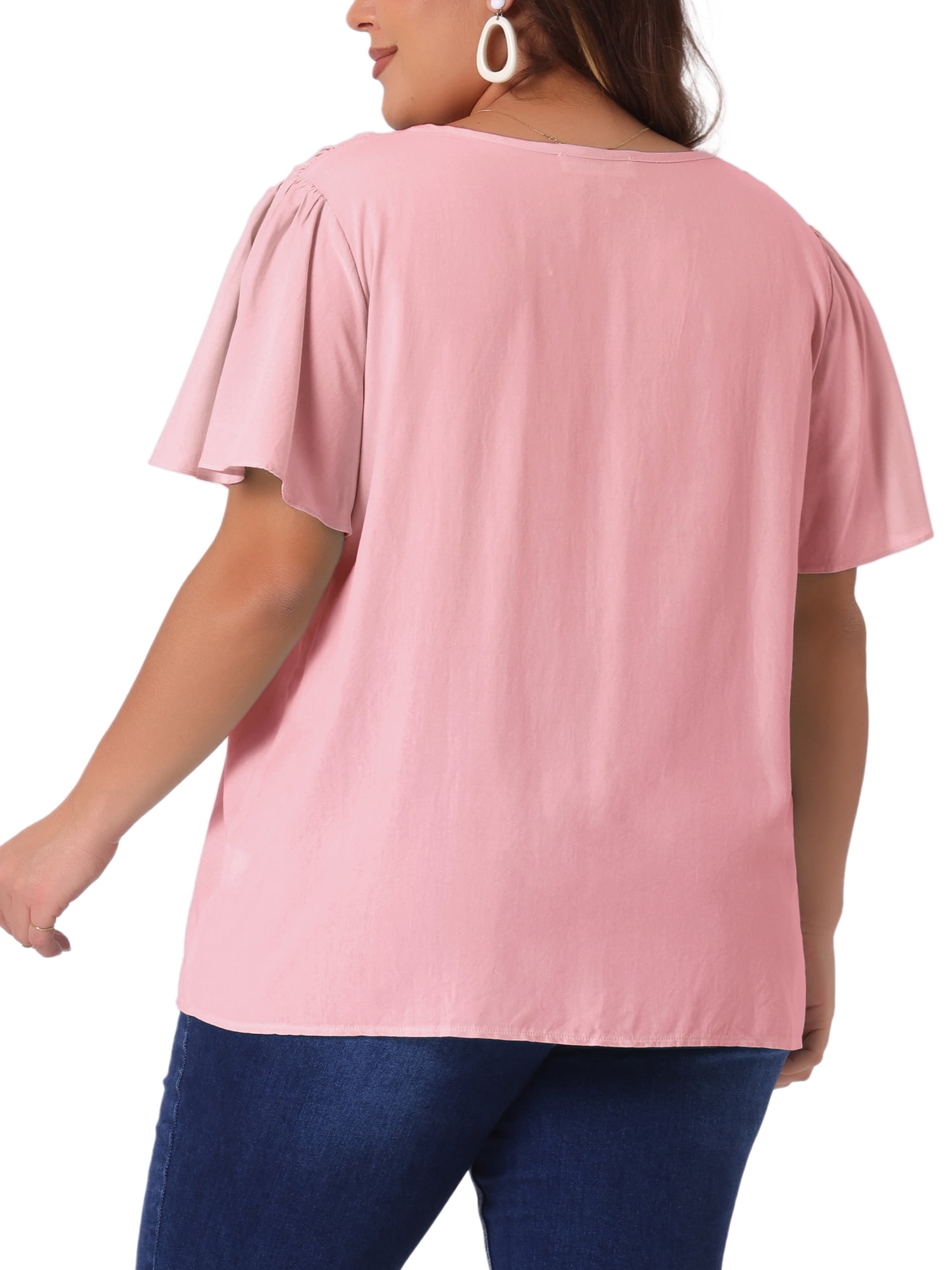 DARING DIVA Women's Plus V Neck Ruffle Sleeve Smocked Shoulder Blouse 4X Pink