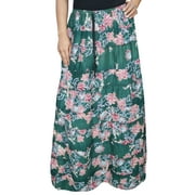 Mogul Womens Maxi Skirt Green Floral Print Flared Cotton Blend Bohemian Fashion Tiered Elastic Waist A-Line Long Skirts
