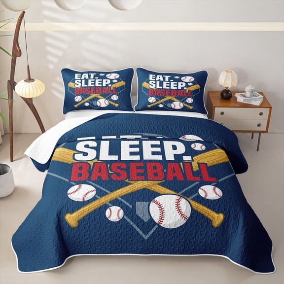 Homewish Eat Sleep Baseball Twin Quilt Set, Sport Twin Coverlet Set for Boys and Girls, 2 Pieces, 1 Comforter and 1 Pillowcase