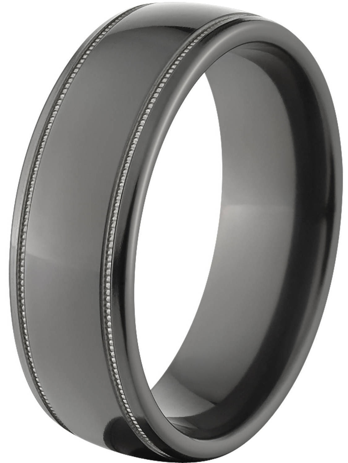 7mm Half-Round Black Zirconium Ring with Two Grooves and a Polished Finish