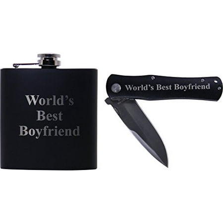 World's Best Boyfriend 6oz Black Flask And Folding Pocket Knife - Great Gift for Birthday,Valentines Day, Anniversary or Christmas Gift for Boyfriend,