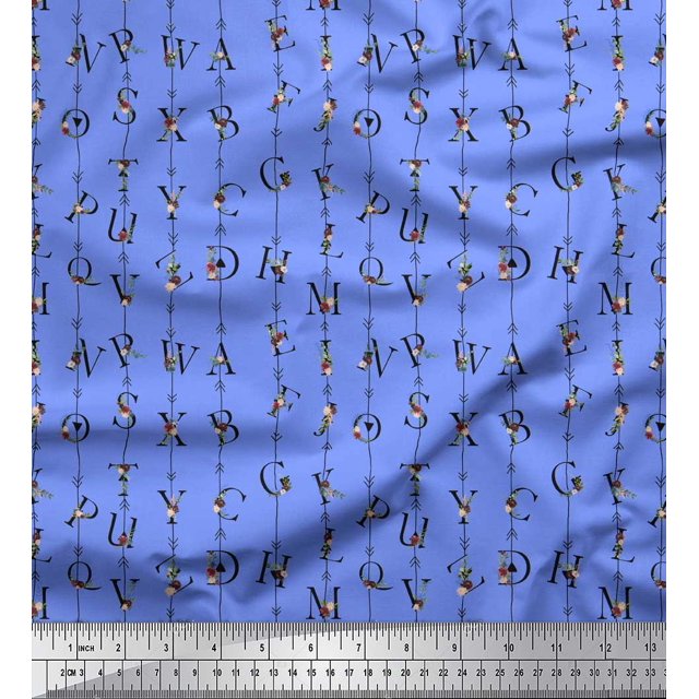 Soimoi Blue Viscose Chiffon Fabric Floral Alphabet Text Print Fabric by the Yard 42 Inch Wide