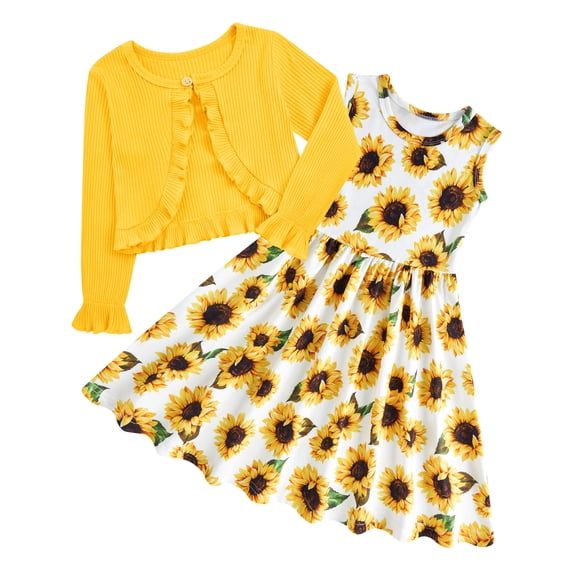 Aideaone Toddler Girl Sleeveless Dresses with Long Sleeve Ruffle Cardigan 2 Piece Fall Outfit Set for Little Girls 2T-8T
