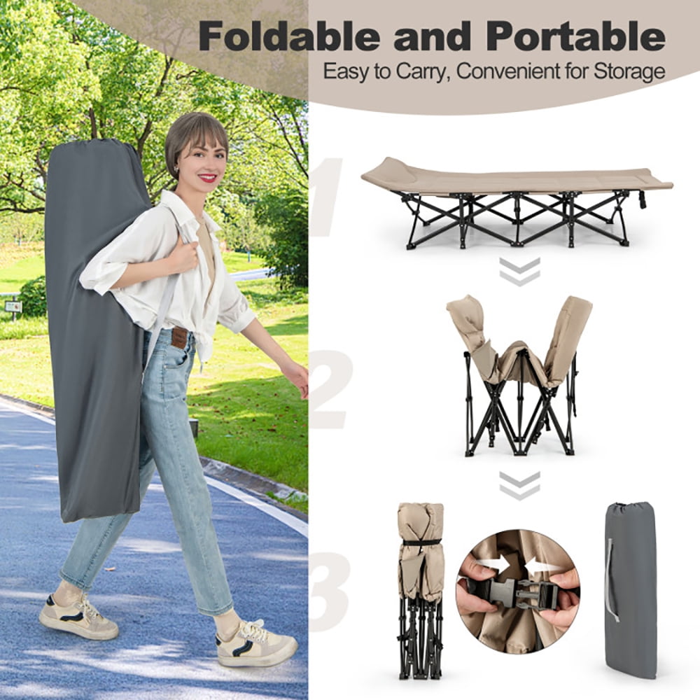 Aimee Lii Folding Camping Cot with Carry Bag Cushion and Headrest, Outdoor Portable Camping Bed for Sleeping Hiking Travel, Khaki