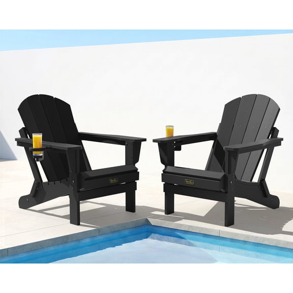 SERWALL Folding Adirondack Chair Set of 2 with Cup Holder, All Weather Outdoor Patio Adirondack Chairs, Durable HIPS Fire Pit Chairs for Deck, Garden, Black