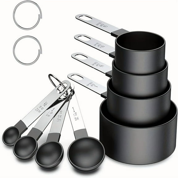 Measuring Cups & Spoons Set, 8 pcs Stackable Cups and Spoons, Nesting Measure Cups with Stainless Steel Handle, Kitchen Gadgets for Cooking & Baking (Black)