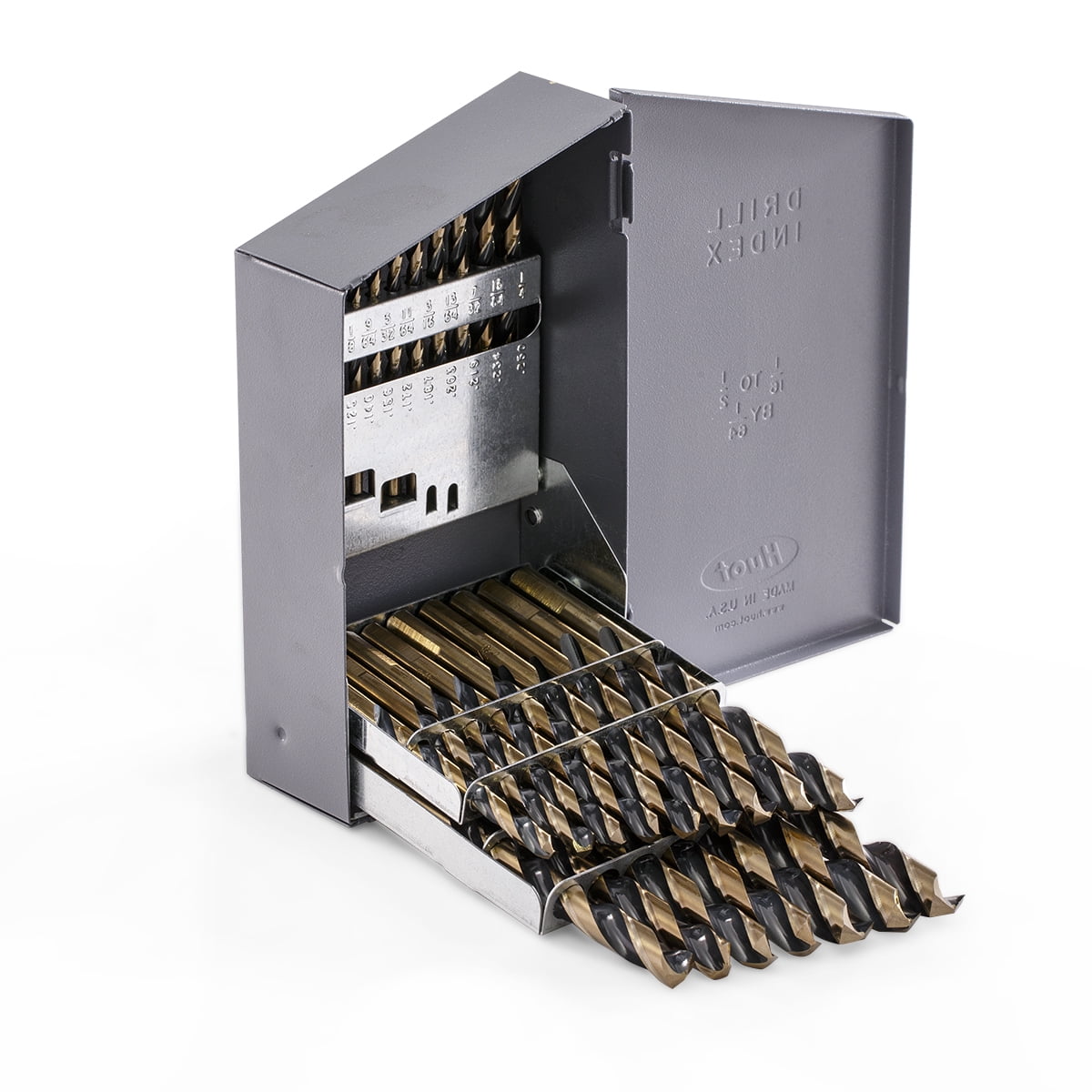 Stark USA 21PC Industrial Drill Bit Set Black/Gold Finish, 1/16" - 1/2" HSS, 135 Degree Split Point, Jobber Length With USA Index, Three-Flat Shank
