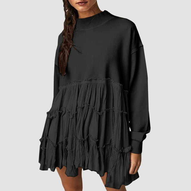 EQWLJWE Robe Chandail en Molleton Surdimensionnée pour Femmes, Manches Longues, Col Rond, Patchwork, Chandail Ample, Ourlet Superposé, Mini Robe Décontractée, Robes Noires pour Femmes