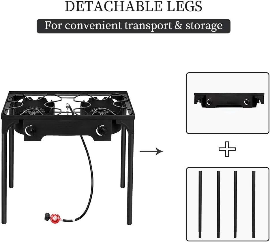 2-Burner Outdoor Portable Propane Gas Stove, 150,000 BTU Heavy-Duty Iron Cast Cooker with Detachable Stand Legs for Camping & Patio Use