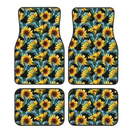Yiaed Blue Batterflies Sunflower Print Carpet Floor Mats for Cars, Auto Accessories Front & Rear Car Floor Mats Car Floor Foot Mat Sets of 4 Pieces