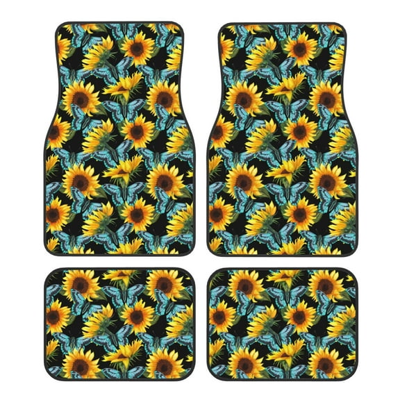 Yiaed Blue Batterflies Sunflower Print Carpet Floor Mats for Cars, Auto Accessories Front & Rear Car Floor Mats Car Floor Foot Mat Sets of 4 Pieces
