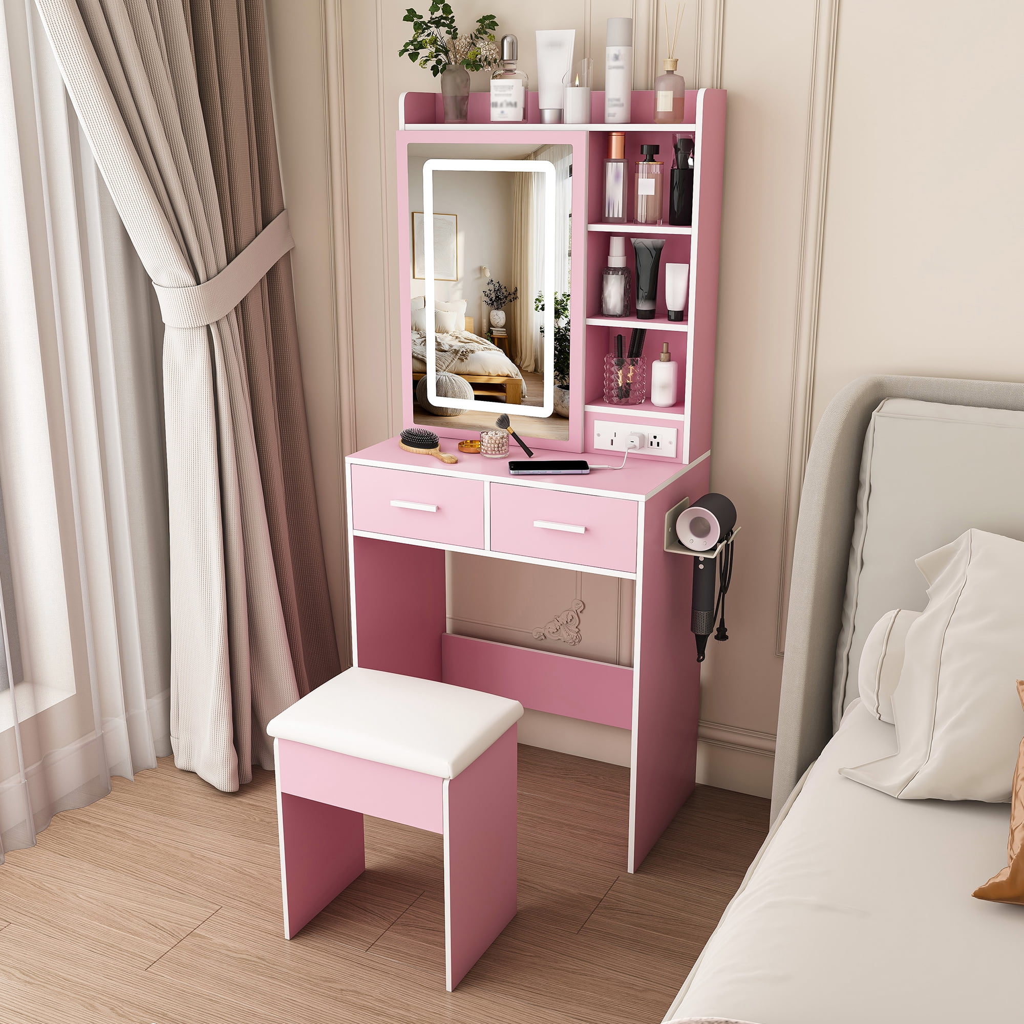 Mintazer Vanity Desk with LED Lighted Mirror, Power Outlets & Cushioned Stool, Makeup Vanity Table with Drawers & Storage Shelves for Girls Bedroom, Pink