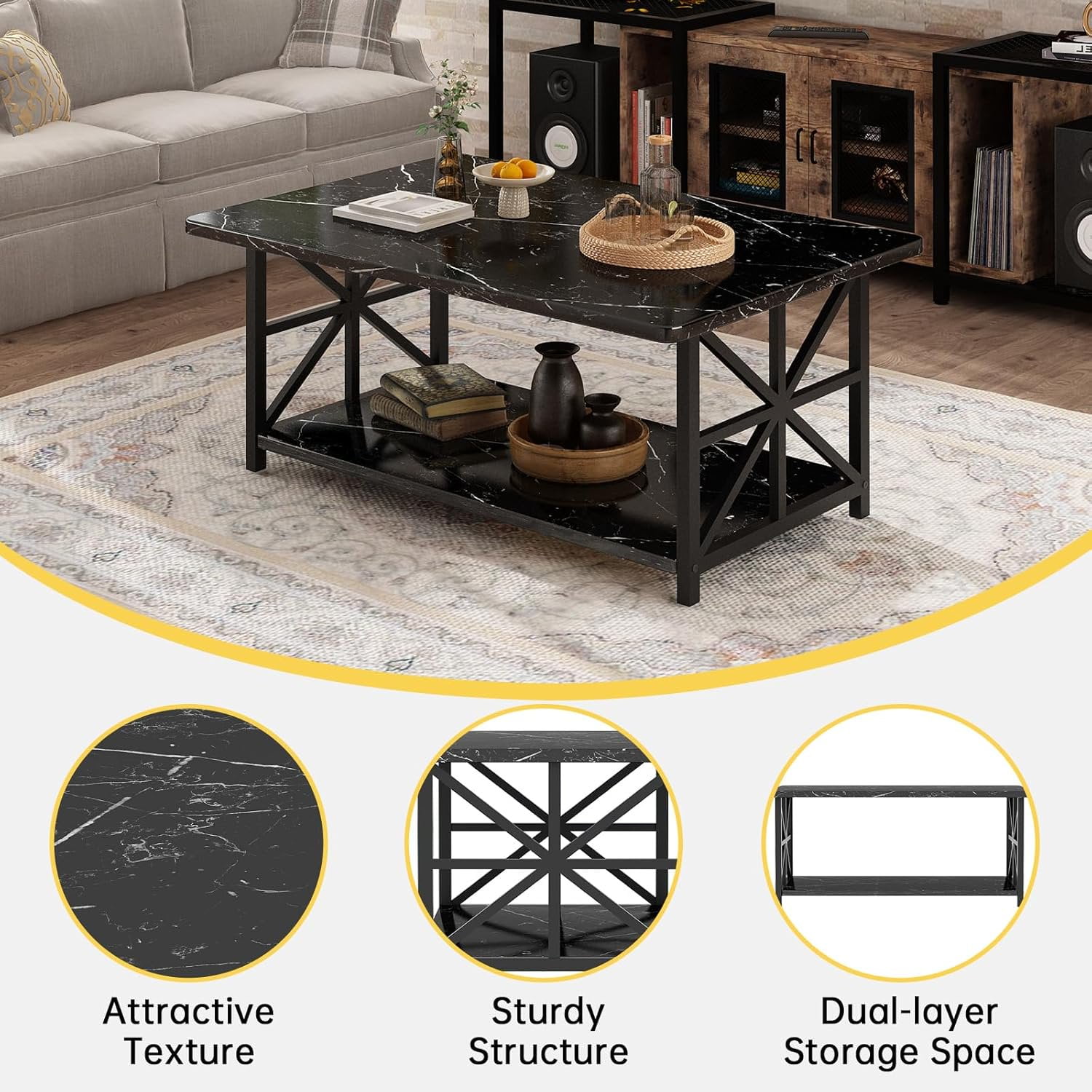 Lamerge Coffee Table with Round Corners, 2 Tier Coffee Table with Storage Shelf, Rectangular Center Table for Living Room Modern Style, Marble Tea Table 39.37 × 21.65 Inches, Easy to Assemble, Black