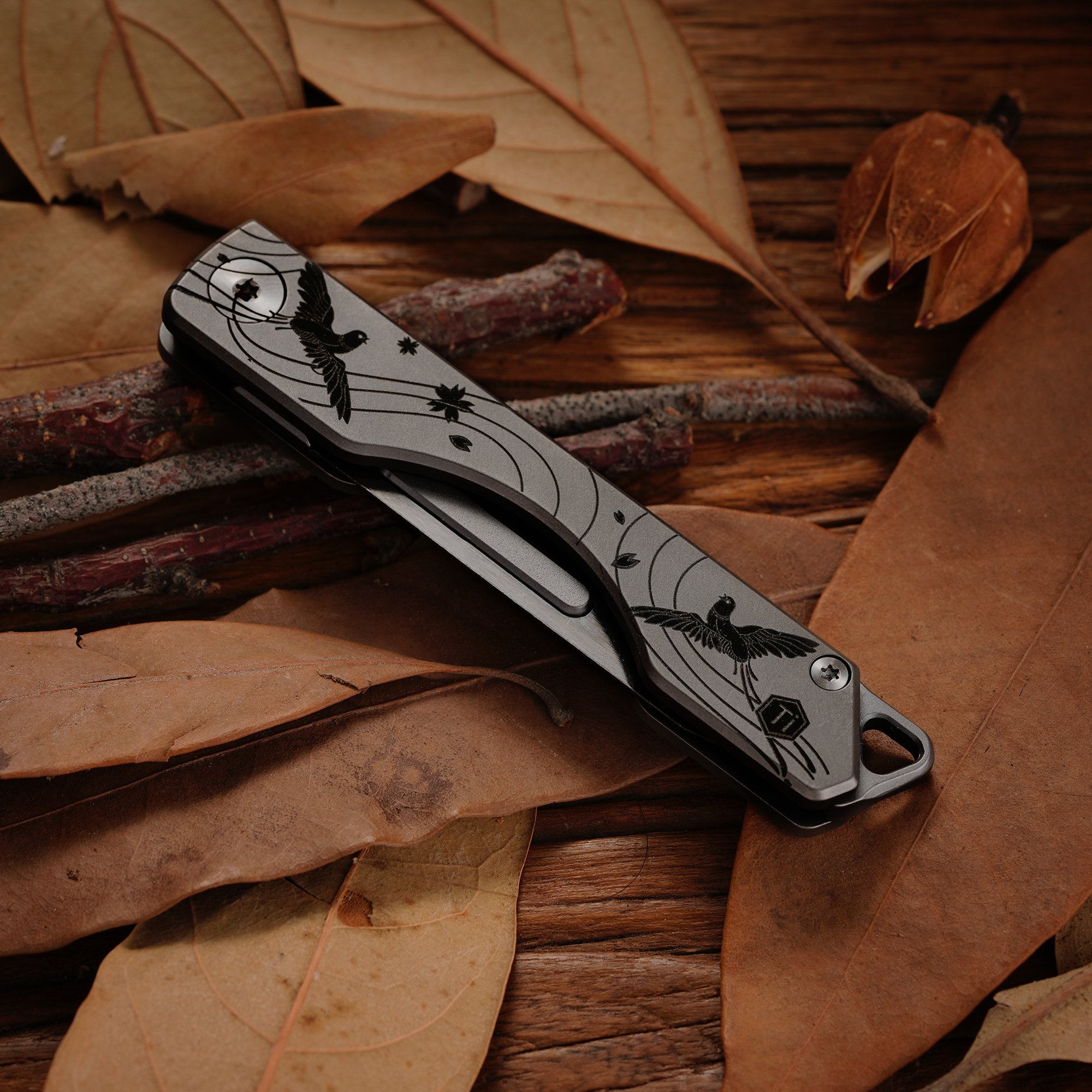 Key Unity KK01 Titanium Folding Knife, Utility EDC Pocket Knife with #24 Replaceable Blade, for Outdoor Hunting, Camping, Fishing, Hiking for Men & Women (Cherry Blossom Bird Pattern)