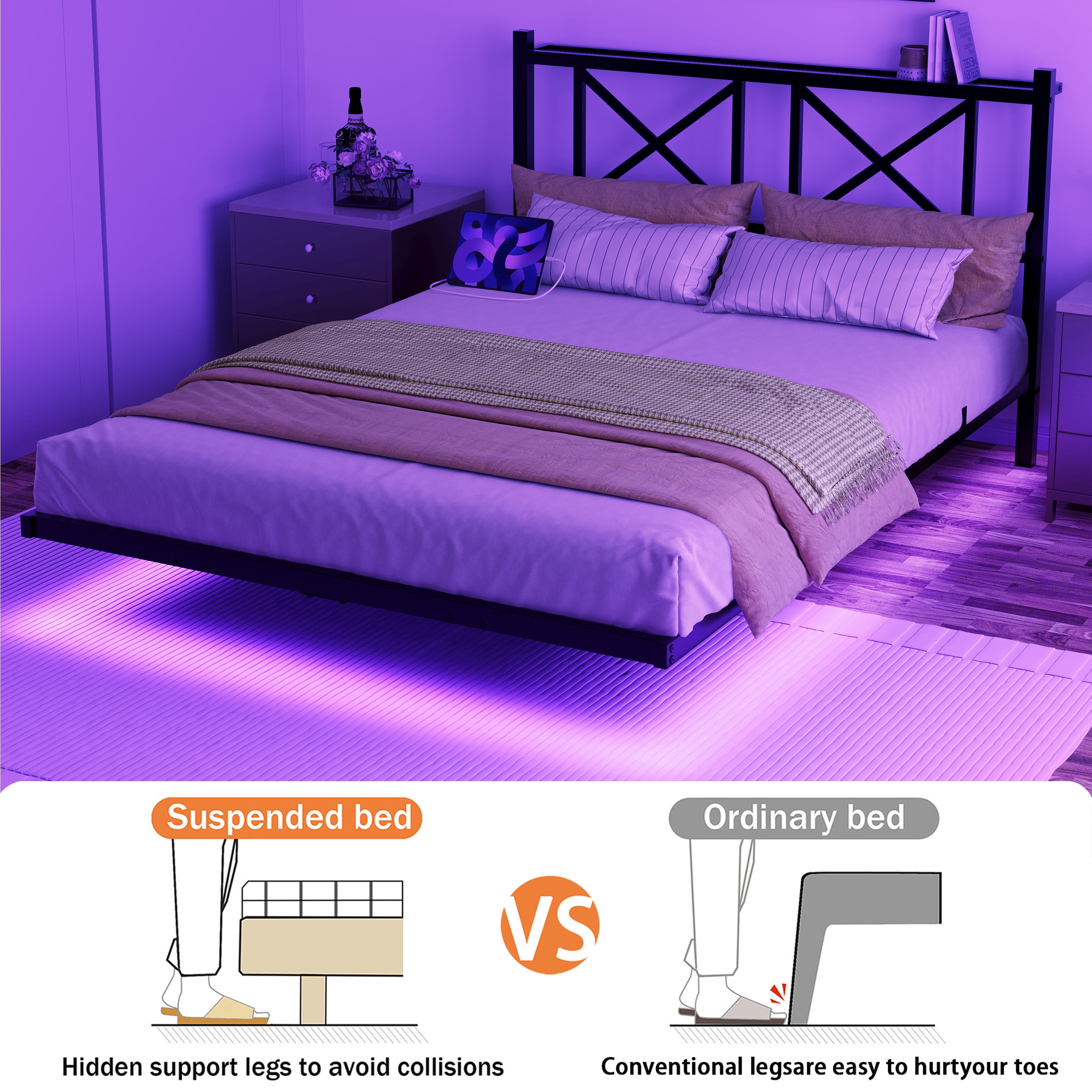 Miniyam Queen Size Floating Metal Platform Bed with RGB LED Lights, Storage Headboard with AC & USB Charging Ports, Black
