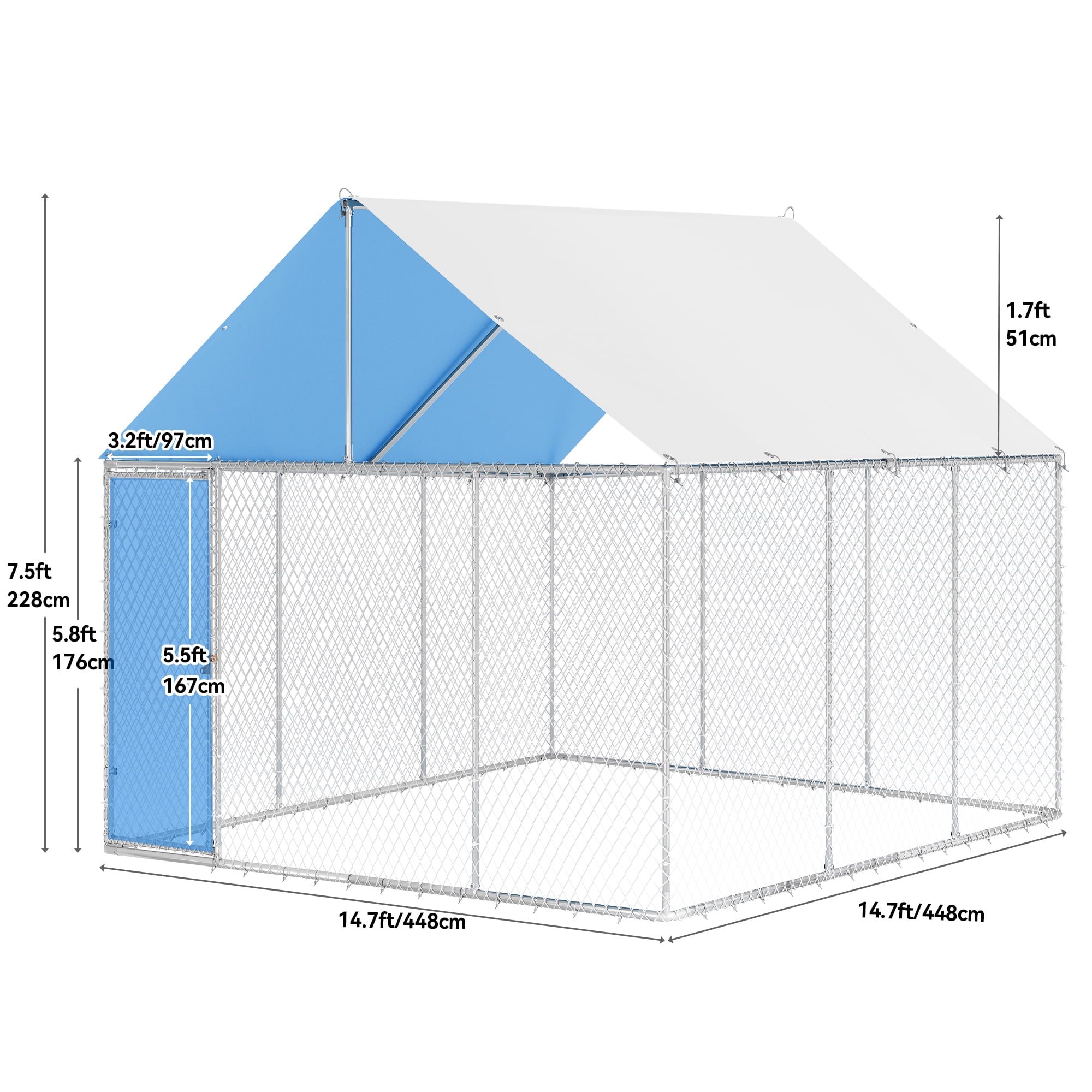 Dextrus Large Outdoor Dog Kennel with Metal Dog Gate,Heavy-Duty Dog Enclosure with Roof for Backyard and Farm Use -177.1" L x 177.1" W x 90.5" H