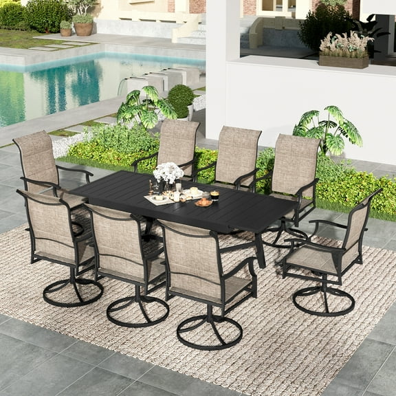 Summit Living 9-Piece Outdoor Patio Dining Set with 8 Swivel High-Back Padded Chairs & 1 Expandable Metal Steel Table, Black & Tan