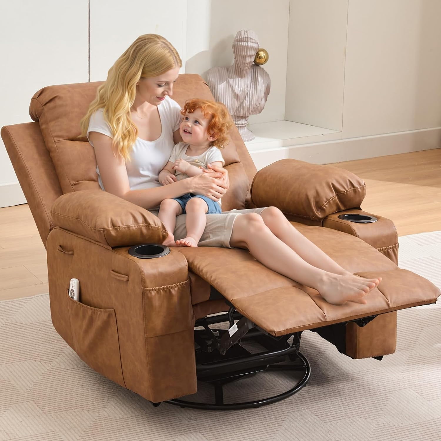 Recliner Chair Nursery, Oversized Manual Reclining Rocking Chair, Corduroy 360 Swivel Glider with Cup Holder, Massage and Heat Recliner, Small Sofa Chairs for Adults, Living Room,Bedroom,（Pu，Brown）