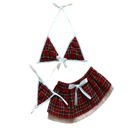 Luiryare 3PCS Womens Plaid Print Beautiful Lingerie Bowknot Bra Mini Skirt Thong