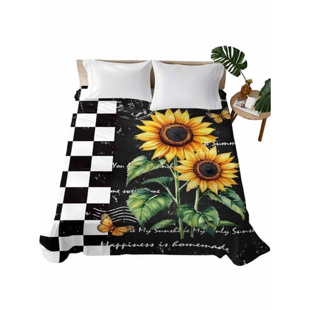 King Size Flat Sheet Only, Sunflower Soft Brushed Microfiber Bed Sheets, Summer Botanical Floral Vintage Black Plaid Hotel Quality Breathable Bedding Top Sheet, Easy Care, 90"x102"