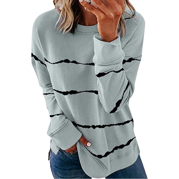 Womens Casual Crewneck Tie Dye Sweatshirt Striped Printed Loose Soft Long Sleeve Pullover Tops Shirts