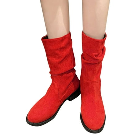 

Mepaouo Slouchy Mid Calf Flat Boots for Women Pull on Round Toe Fall Winter Ankle Booties(Red 7)