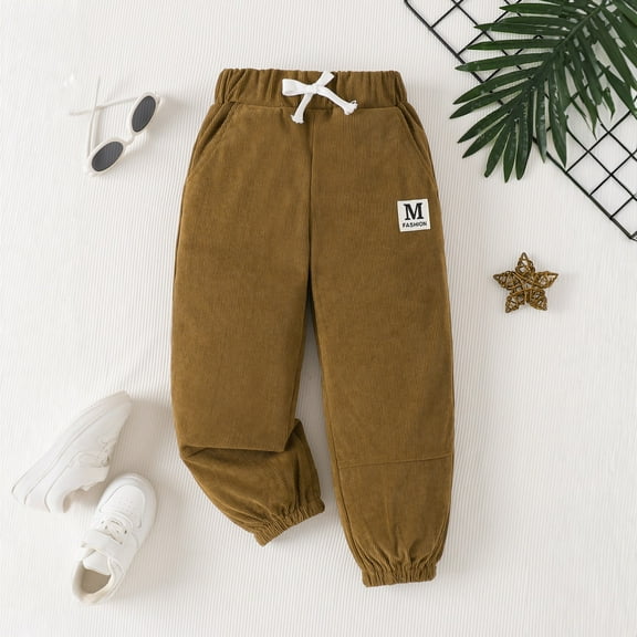 fnnxnal Toddler Corduroy Pants - 3T Brown, 98% Cotton 2% Spandex, Elastic Waist with Drawstring & Side Pockets, Soft Stretch for 2-7Y Kids