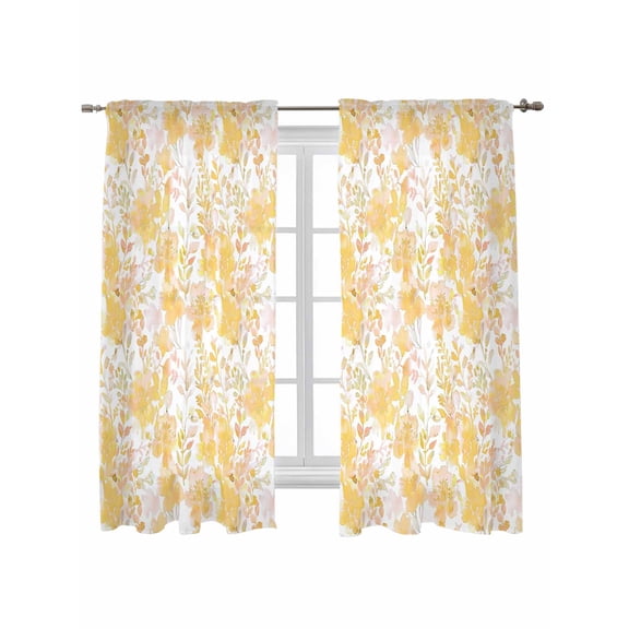 Yellow Flowers Curtains 72 Inch Length, Sheer Curtains for Bedroom Living Room Window Watercolor Summer Botanical Floral Rod Pocket Voile Drapes Kitchen Curtains Small Half Window 52"x72" 2 Panels