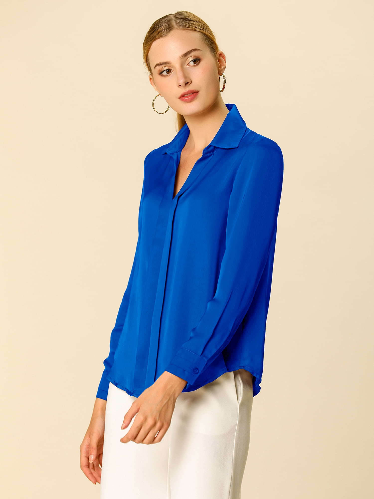 DARING DIVA Women's V Neck Classic Work Office Long Sleeve Shirt 3XL Royal Blue