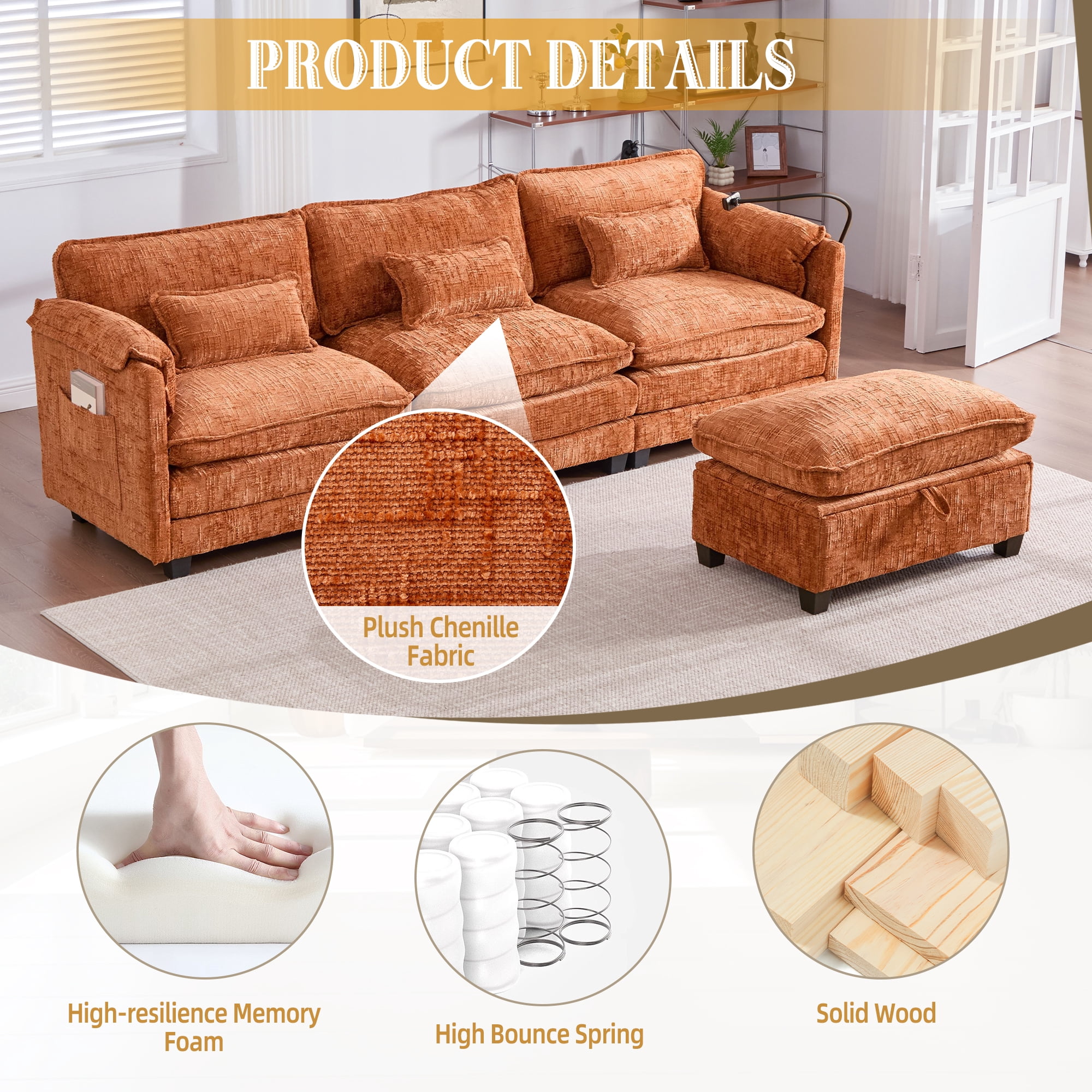 MOONMISS 112" Oversized Sectional Sofa Cloud Couch for Living Room, Modern Chenille L Shaped Couch, Comfy Boucle Modular Sofa Sleeper with Movable Storage Ottoman, Phone Holder, USB Charging Port