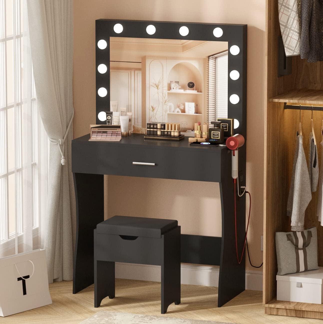 VEANERWOOD Vanity Set with 3 Color Lighted Mirror Makeup Table 55" with Charging Station Large Drawer, Black