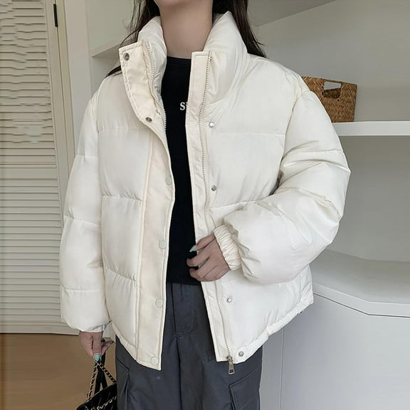 Dolkfu Jacket Women Cotton Beige Zip up Solid Insulated Stand Collar Puffer Jacket Women's Coats L