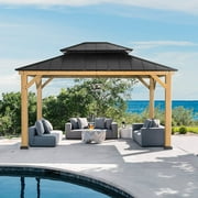EROMMY 13' x 11' Hardtop Wooden Gazebo,Double Roof Patio Gazebo with Cedar Wood Frame & Galvanized Steel Top, All-Weather r for Garden, Patio, Lawns