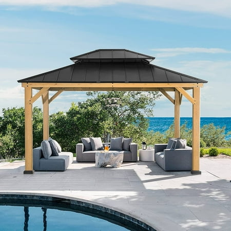 EROMMY 13' x 11' Hardtop Wooden Gazebo,Double Roof Patio Gazebo with Cedar Wood Frame & Galvanized Steel Top, All-Weather r for Garden, Patio, Lawns