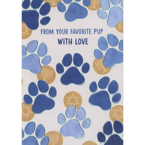 Designer Greetings From Your Favorite Pup: Blue Paw Prints and Gelt on Beige Hanukkah Card from Dog